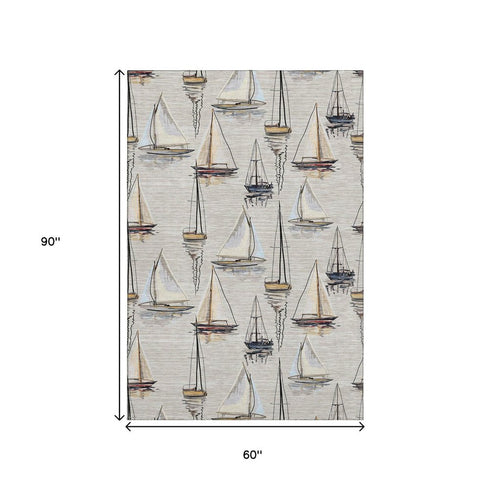 5' X 8' Ivory Gold And Black Nautical Washable Area Rug With UV Protection