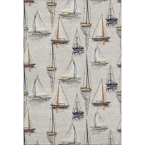 5' X 8' Ivory Gold And Black Nautical Washable Area Rug With UV Protection