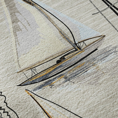 5' X 8' Ivory Gold And Black Nautical Washable Area Rug With UV Protection