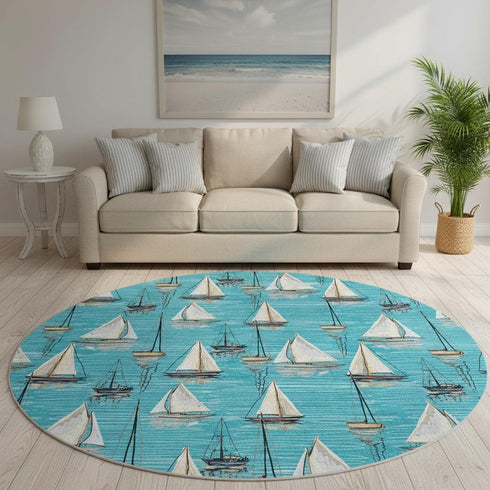 8' Teal Blue Ivory And Gold Nautical Washable Round Rug With UV Protection