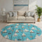 8' Teal Blue Ivory And Gold Nautical Washable Round Rug With UV Protection