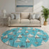 8' Teal Blue Ivory And Gold Nautical Washable Round Rug With UV Protection