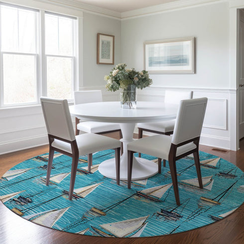 8' Teal Blue Ivory And Gold Nautical Washable Round Rug With UV Protection