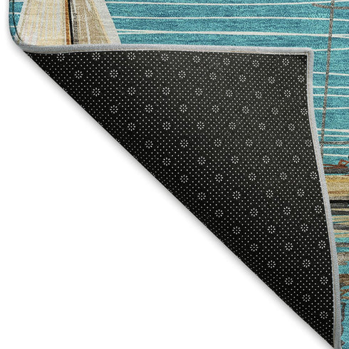 8' Teal Blue Ivory And Gold Nautical Washable Round Rug With UV Protection