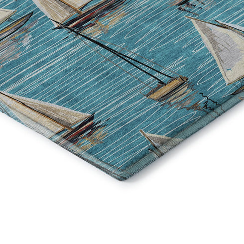 8' Teal Blue Ivory And Gold Nautical Washable Round Rug With UV Protection
