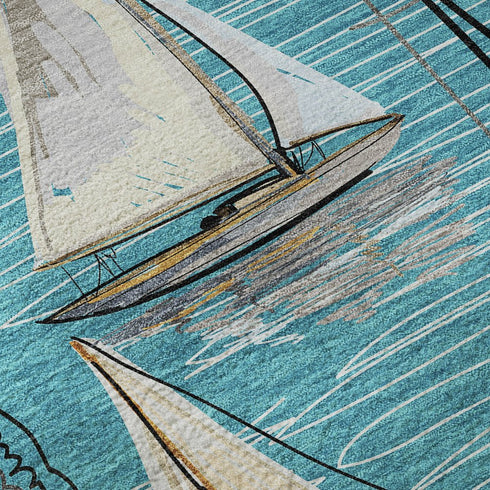 8' Teal Blue Ivory And Gold Nautical Washable Round Rug With UV Protection