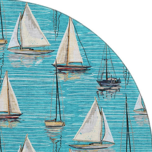 8' Teal Blue Ivory And Gold Nautical Washable Round Rug With UV Protection