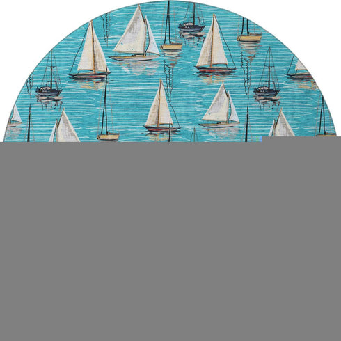 8' Teal Blue Ivory And Gold Nautical Washable Round Rug With UV Protection