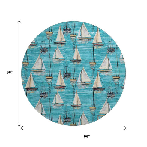 8' Teal Blue Ivory And Gold Nautical Washable Round Rug With UV Protection
