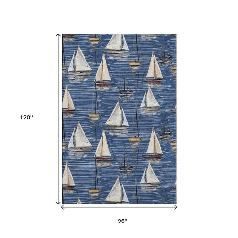 8' X 10' Navy Blue Ivory And Gold Nautical Washable Area Rug With UV Protection