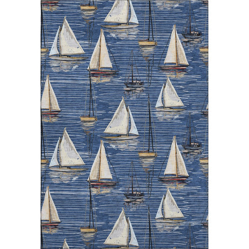 8' X 10' Navy Blue Ivory And Gold Nautical Washable Area Rug With UV Protection