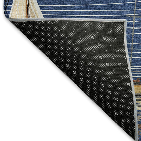 8' X 10' Navy Blue Ivory And Gold Nautical Washable Area Rug With UV Protection