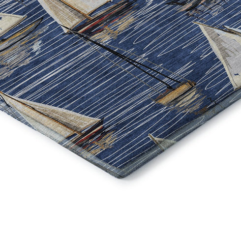 8' X 10' Navy Blue Ivory And Gold Nautical Washable Area Rug With UV Protection