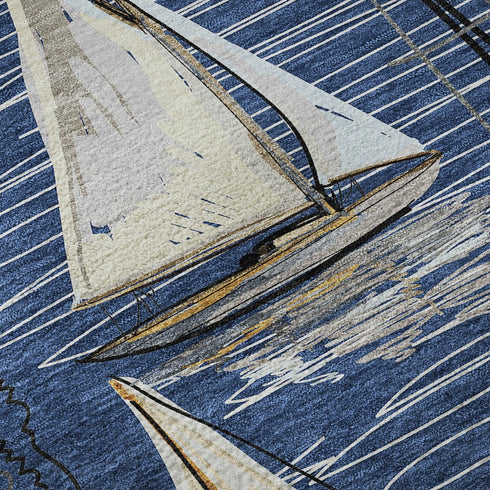 8' X 10' Navy Blue Ivory And Gold Nautical Washable Area Rug With UV Protection