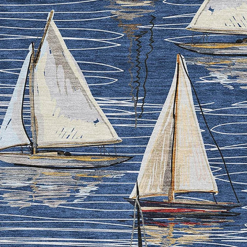 8' X 10' Navy Blue Ivory And Gold Nautical Washable Area Rug With UV Protection