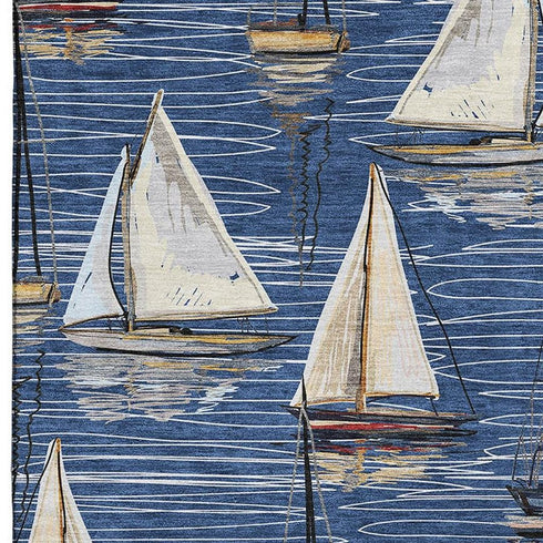 8' X 10' Navy Blue Ivory And Gold Nautical Washable Area Rug With UV Protection