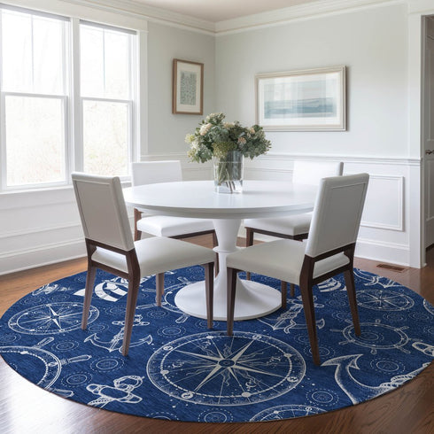 8' Navy Blue And Ivory Nautical Washable Round Rug With UV Protection