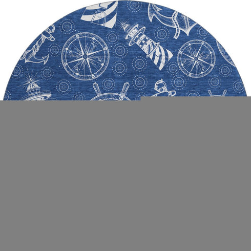 8' Navy Blue And Ivory Nautical Washable Round Rug With UV Protection