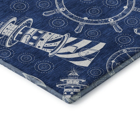 8' Navy Blue And Ivory Nautical Washable Round Rug With UV Protection