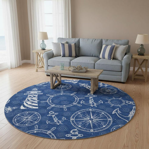 8' Navy Blue And Ivory Nautical Washable Round Rug With UV Protection