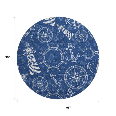 8' Navy Blue And Ivory Nautical Washable Round Rug With UV Protection
