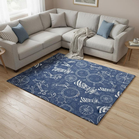 8' X 10' Navy Blue And Ivory Nautical Washable Area Rug With UV Protection