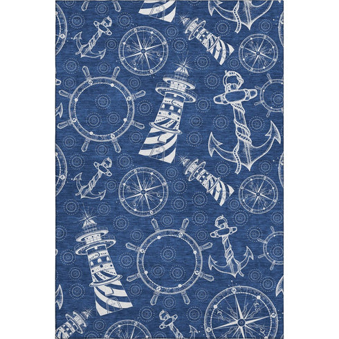8' X 10' Navy Blue And Ivory Nautical Washable Area Rug With UV Protection