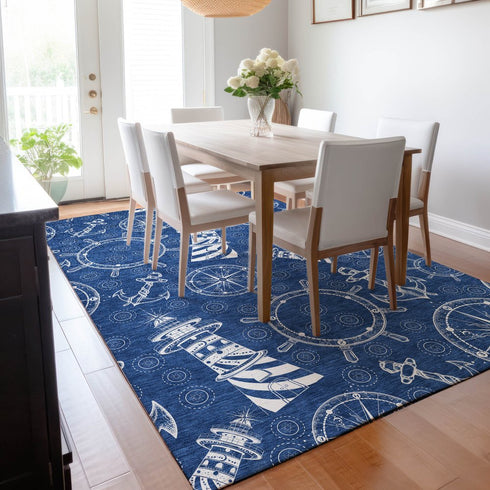 8' X 10' Navy Blue And Ivory Nautical Washable Area Rug With UV Protection