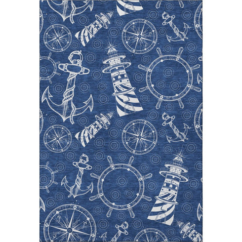 8' X 10' Navy Blue And Ivory Nautical Washable Area Rug With UV Protection
