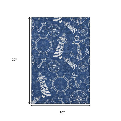 8' X 10' Navy Blue And Ivory Nautical Washable Area Rug With UV Protection
