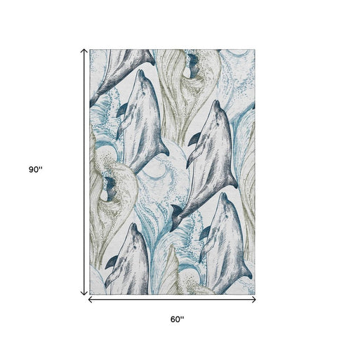 5' X 8' Ivory Denim Blue And Taupe Nautical Washable Area Rug With UV Protection
