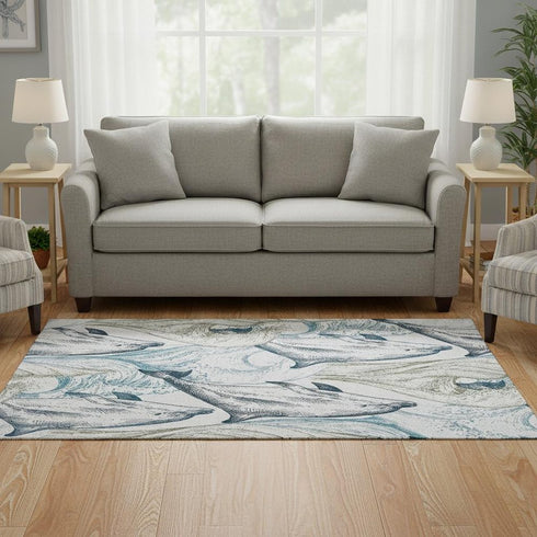 5' X 8' Ivory Denim Blue And Taupe Nautical Washable Area Rug With UV Protection