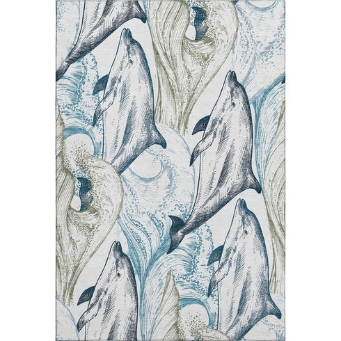 5' X 8' Ivory Denim Blue And Taupe Nautical Washable Area Rug With UV Protection