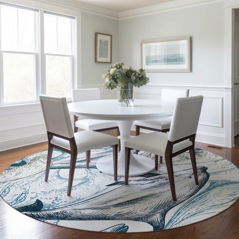 8' Ivory Denim Blue And Taupe Nautical Washable Round Rug With UV Protection