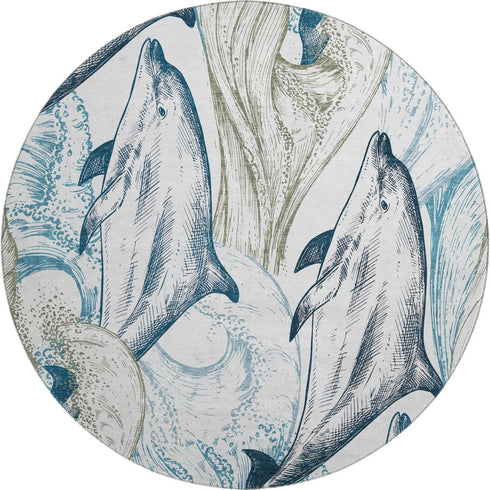 8' Ivory Denim Blue And Taupe Nautical Washable Round Rug With UV Protection