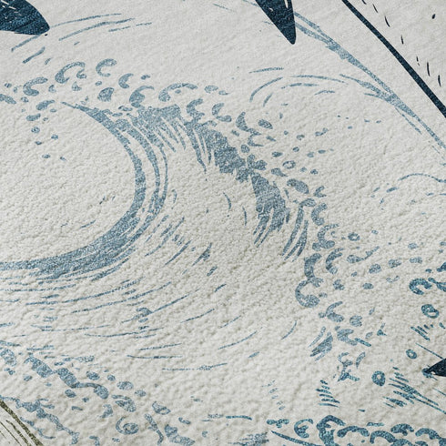 8' Ivory Denim Blue And Taupe Nautical Washable Round Rug With UV Protection