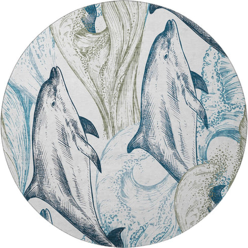 8' Ivory Denim Blue And Taupe Nautical Washable Round Rug With UV Protection
