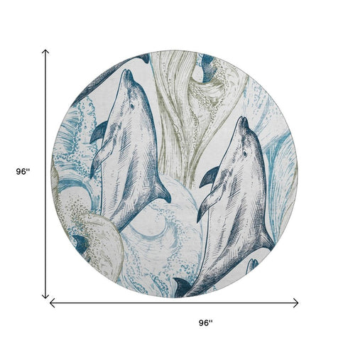 8' Ivory Denim Blue And Taupe Nautical Washable Round Rug With UV Protection