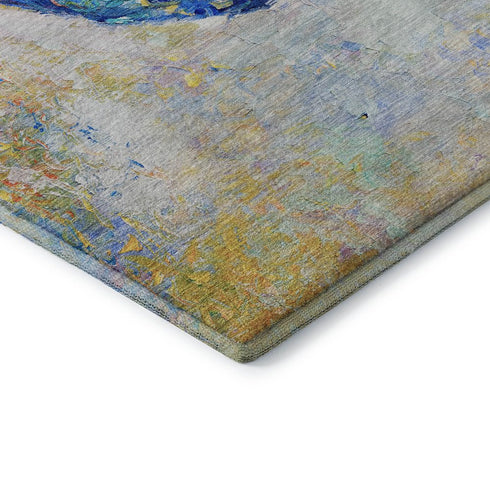 5' X 8' Blue Gold Red And Ivory Animal Print Washable Area Rug With UV Protection