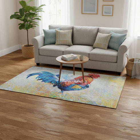 5' X 8' Blue Gold Red And Ivory Animal Print Washable Area Rug With UV Protection