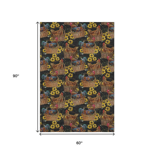 5' X 8' Midnight Yellow And Brown Animal Print Washable Area Rug With UV Protection