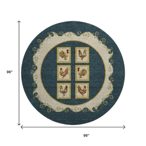 8' Midnight Gold And Red Animal Print Washable Round Rug With UV Protection
