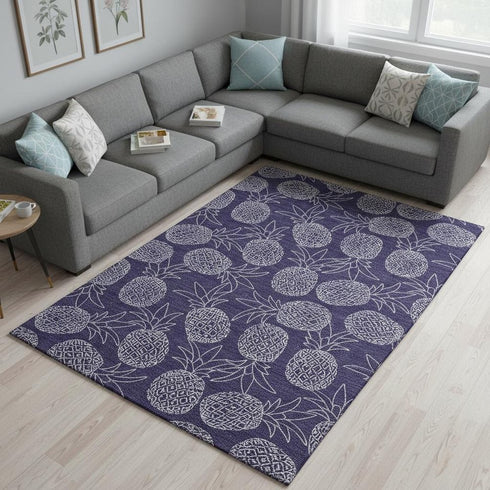 8' X 10' Blue And Ivory Botanical Leaves Washable Area Rug With UV Protection