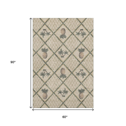 5' X 8' Beige Gold And Gray Botanical Leaves Washable Area Rug With UV Protection
