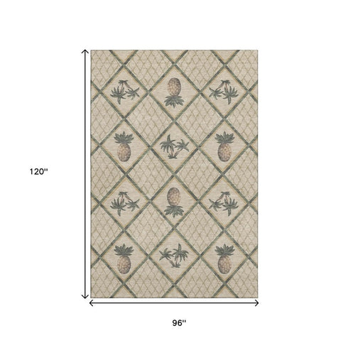 8' X 10' Beige Gold And Gray Botanical Leaves Washable Area Rug With UV Protection