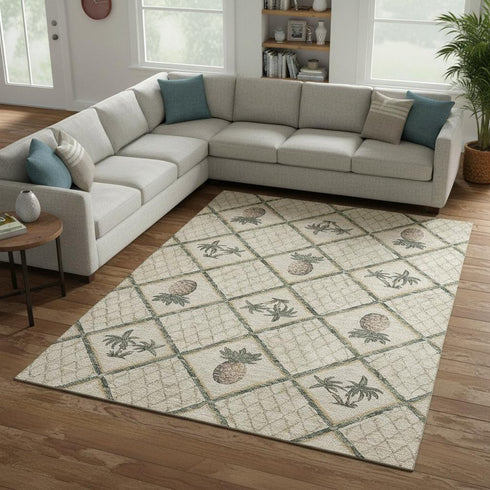 8' X 10' Beige Gold And Gray Botanical Leaves Washable Area Rug With UV Protection