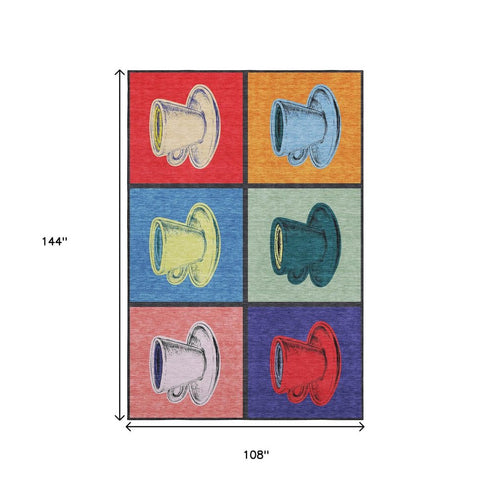 9' X 12' Blue Orange And Red Geometric Washable Area Rug With UV Protection