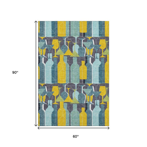 5' X 8' Blue Yellow And Green Geometric Washable Area Rug With UV Protection