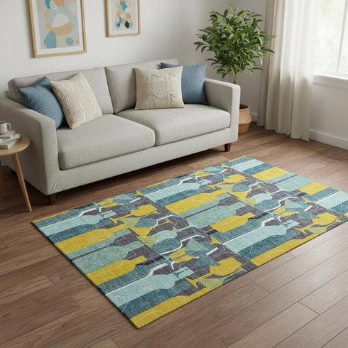 5' X 8' Blue Yellow And Green Geometric Washable Area Rug With UV Protection
