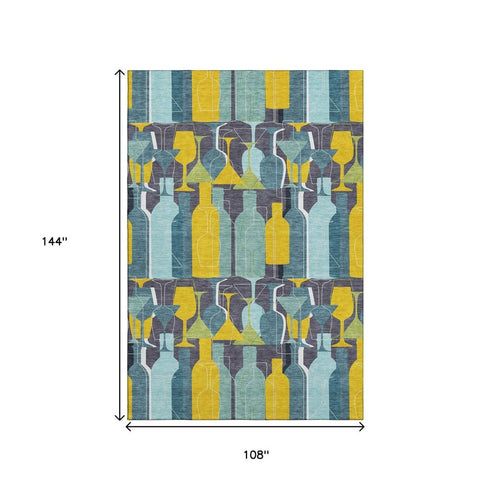 9' X 12' Blue Yellow And Green Geometric Washable Area Rug With UV Protection